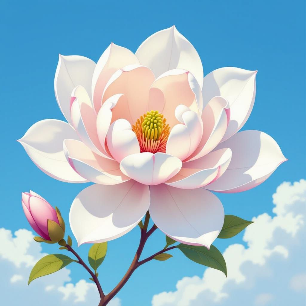 Magnolia Flowers in Watercolor Style with Blue Sky