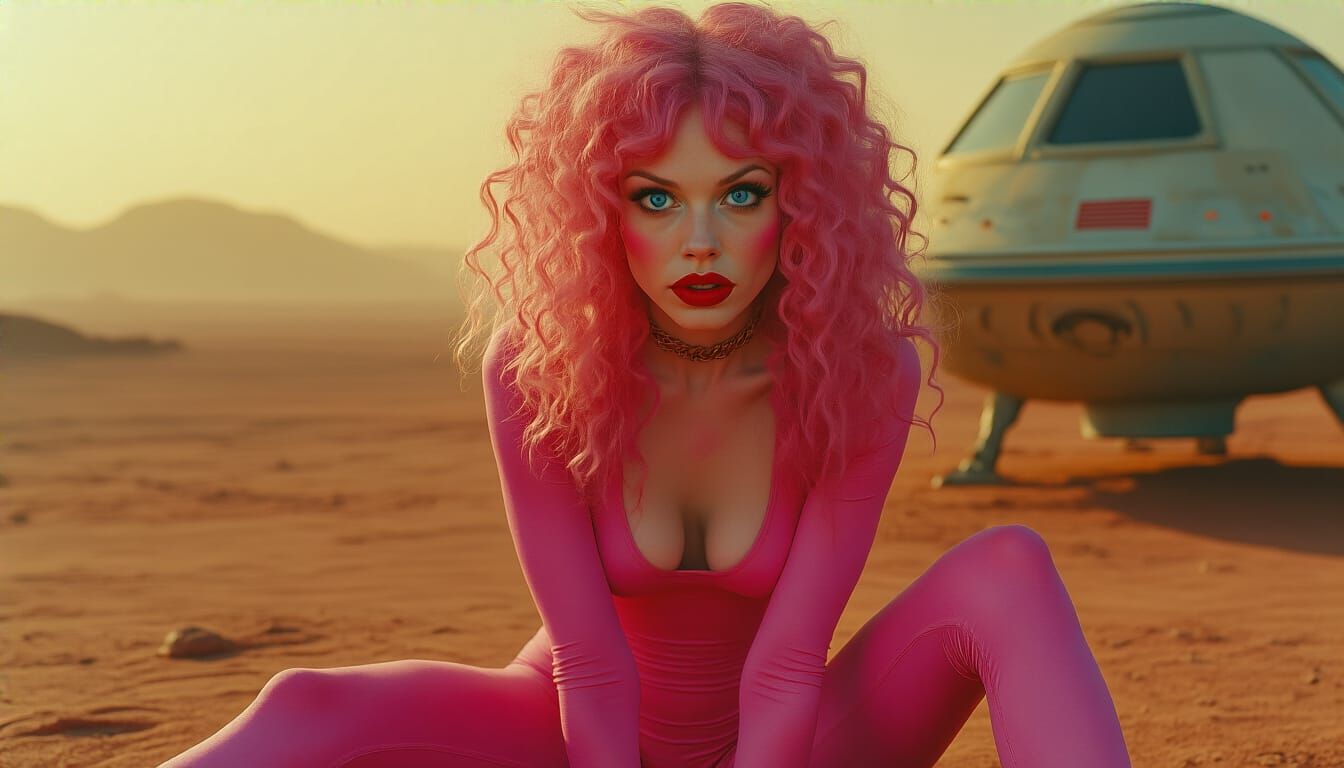 Woman With Pink Hair Posing on Mars in Cinematic Style