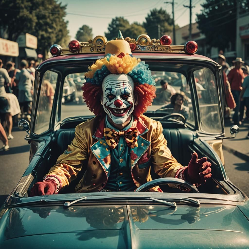 Happy Clown Driving a Lowrider in Film Still
