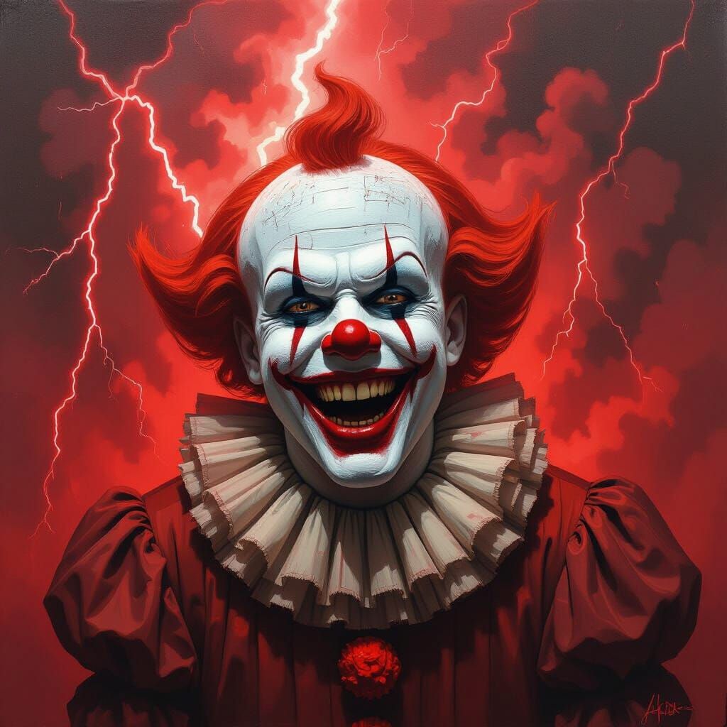 Clown laughing maniacally in crimson storm. Simple dramatic view, Reddish coloured.