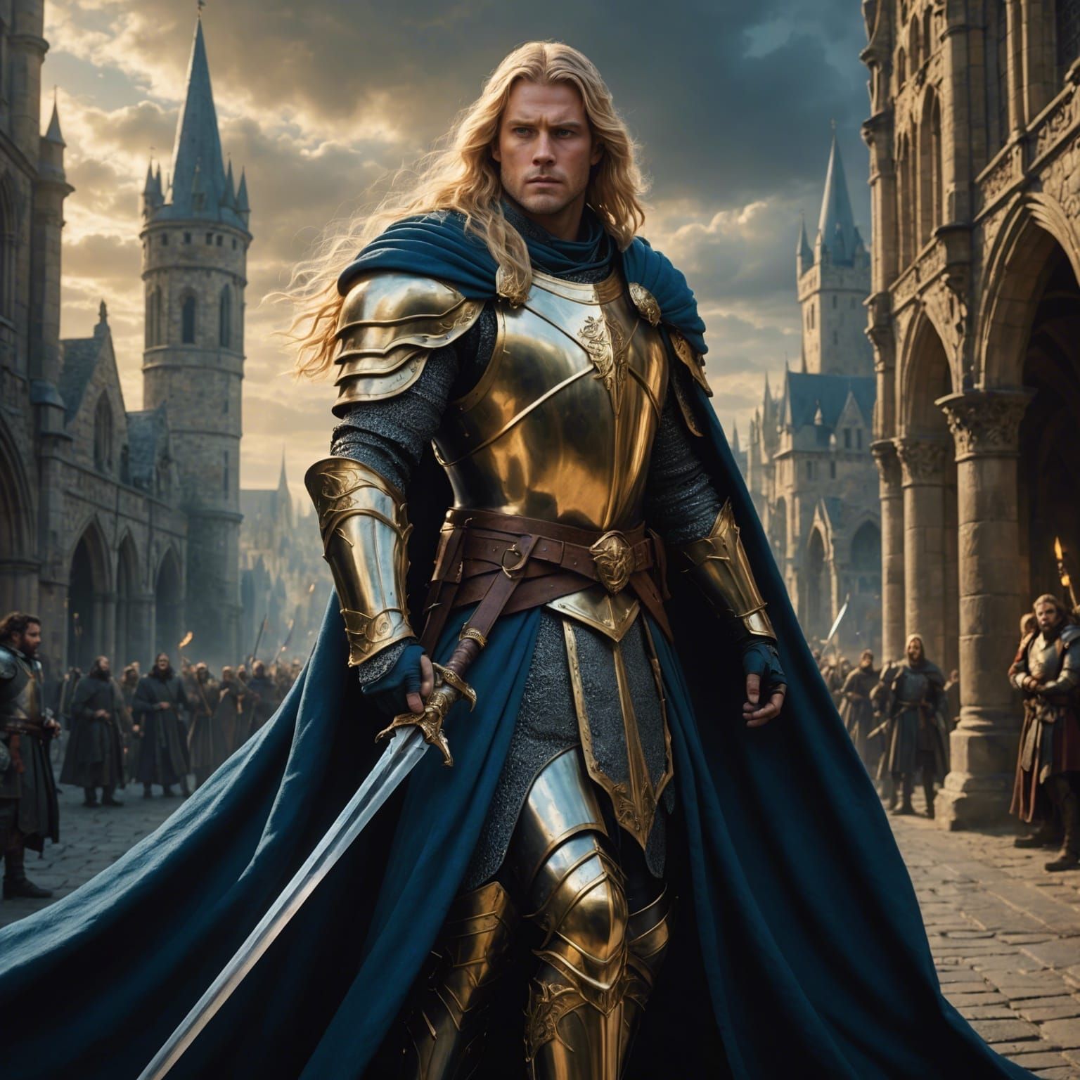 Valiant Knight in Gold Armor with Sword