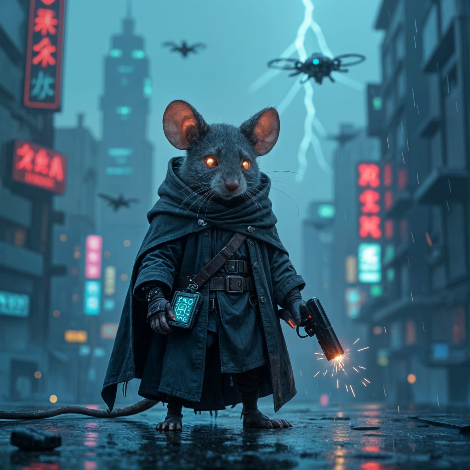 Cyberpunk Mouse Fugitive in Rainy Megacity