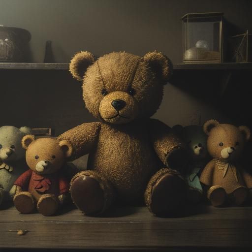 Cinematic Teddy Bears in Dusty Attic