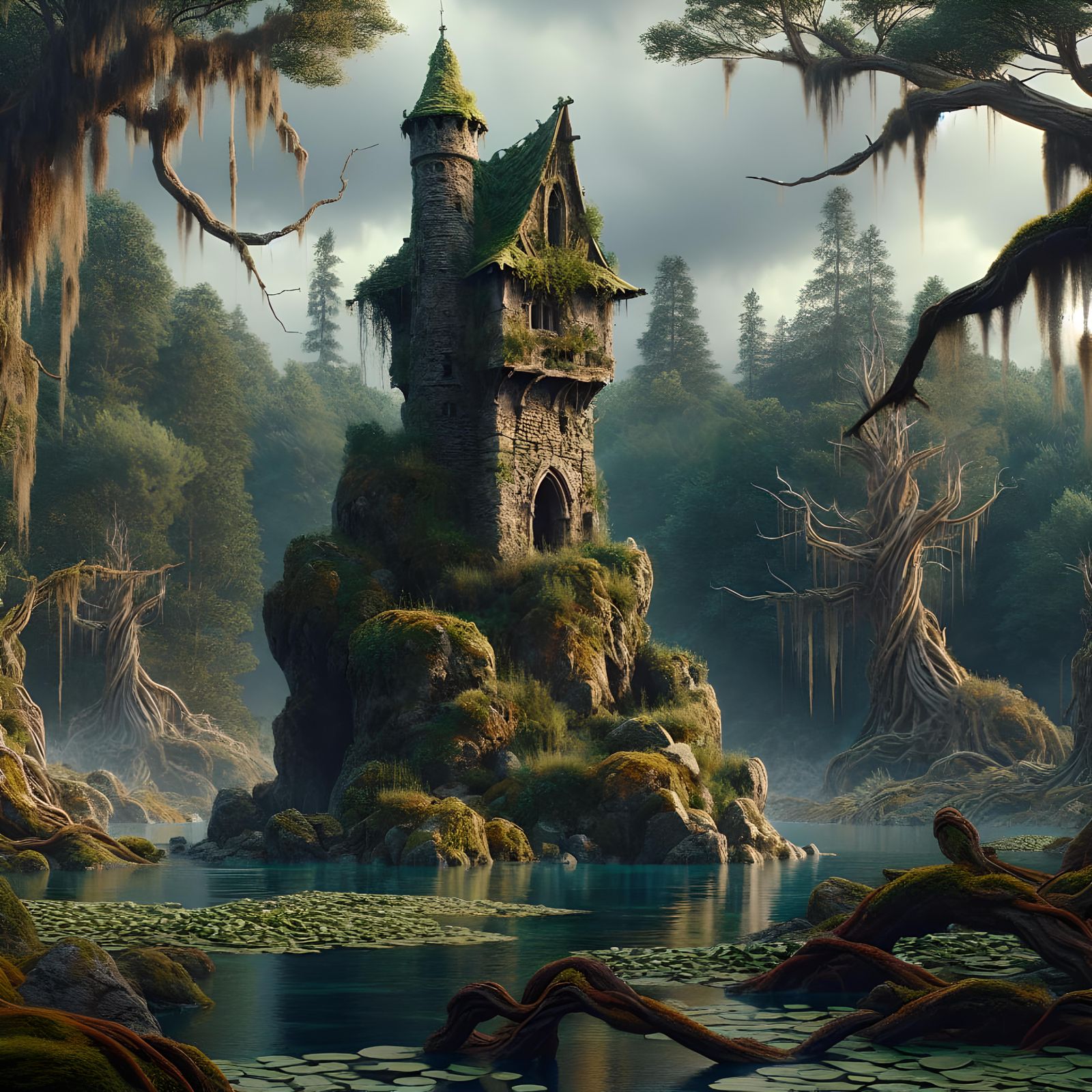 Medieval Hag's Tower on Island in Fantasy Landscape