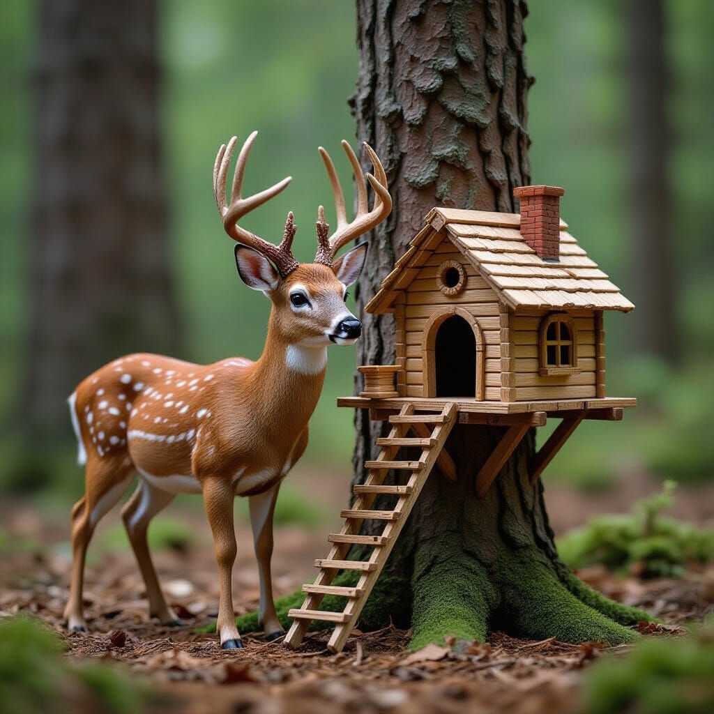 Whimsical Deer Crafts Miniature Treehouses in Forest