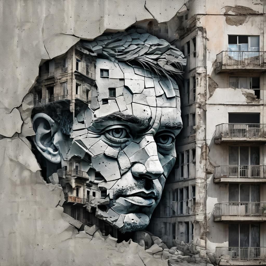 Cement Face Reveals Cityscape in Vector Art
