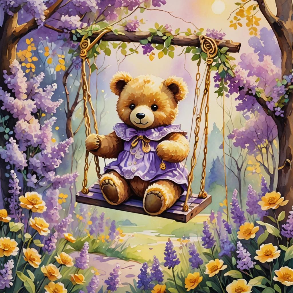Teddy Bear in Vibrant Park: Gouache Art