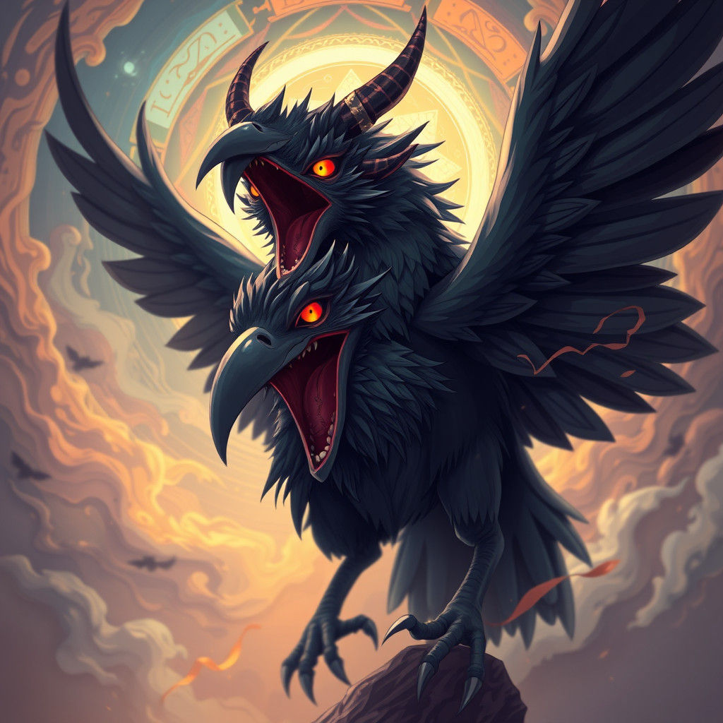 Mystical Avian Demon Emerges in Cartoon Folk Art