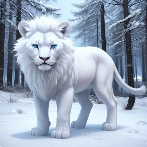 Cute White Lion Cub in Snowy Anime Forest