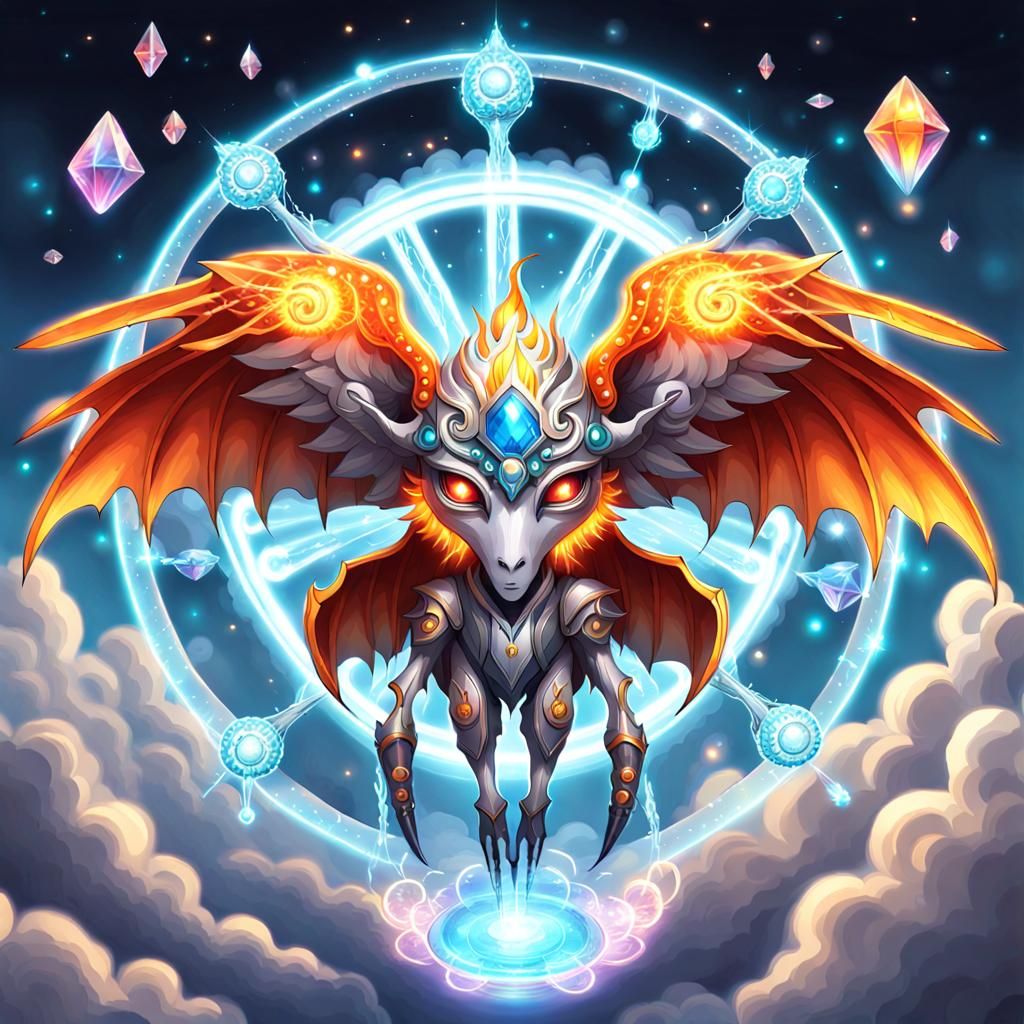 Surreal Cherubic Creature with Crystal Wheels