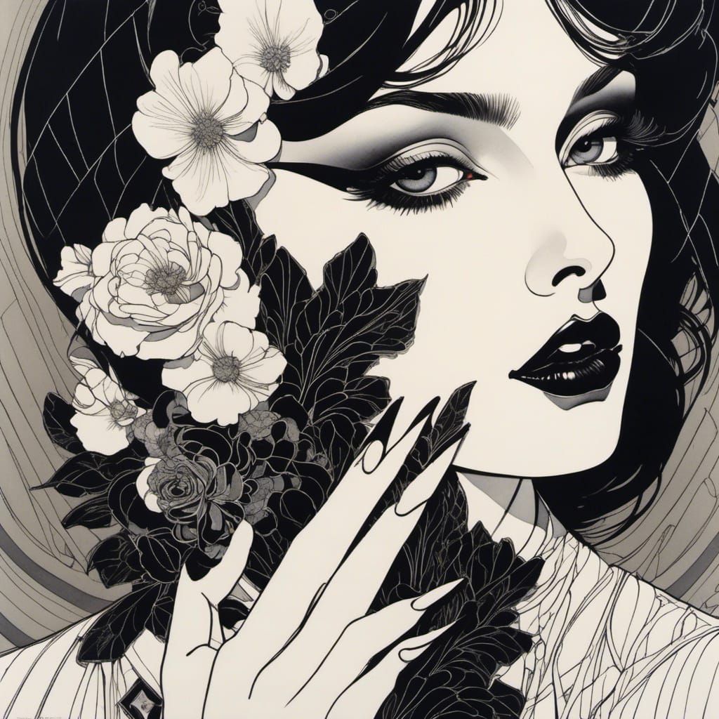 Elegant Anime Goth Girl in Pen and Ink Style