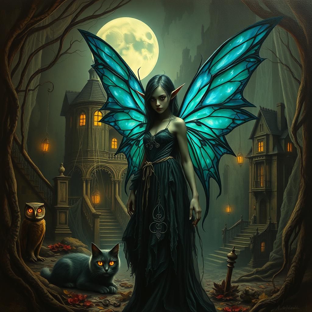Gothic Fairy in Haunted House with Glowing Wings