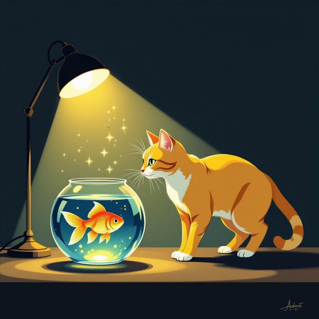 Golden Quiet with cat stalking goldfish in fish bowl