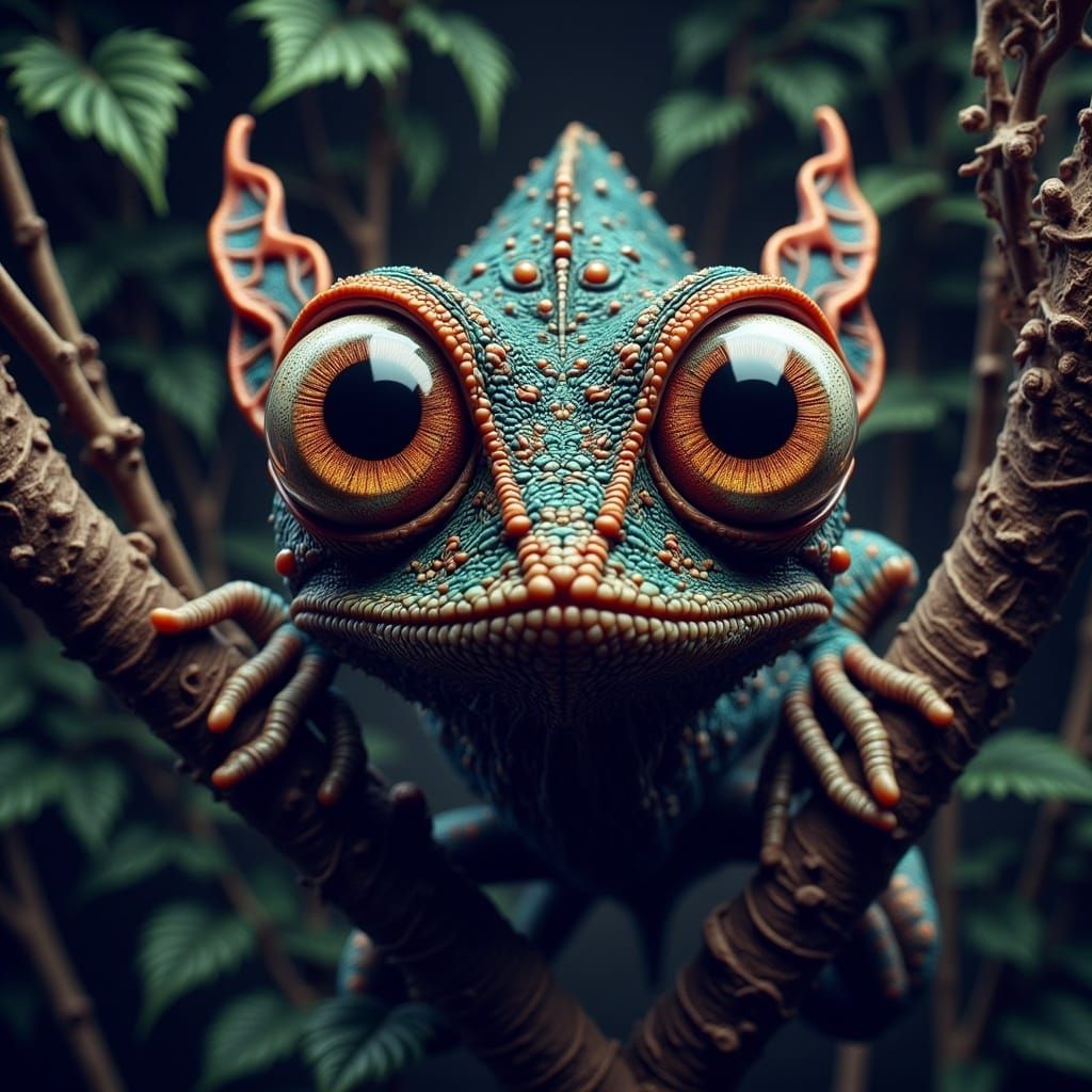 Camouflaged Chameleon Crawling on Vine