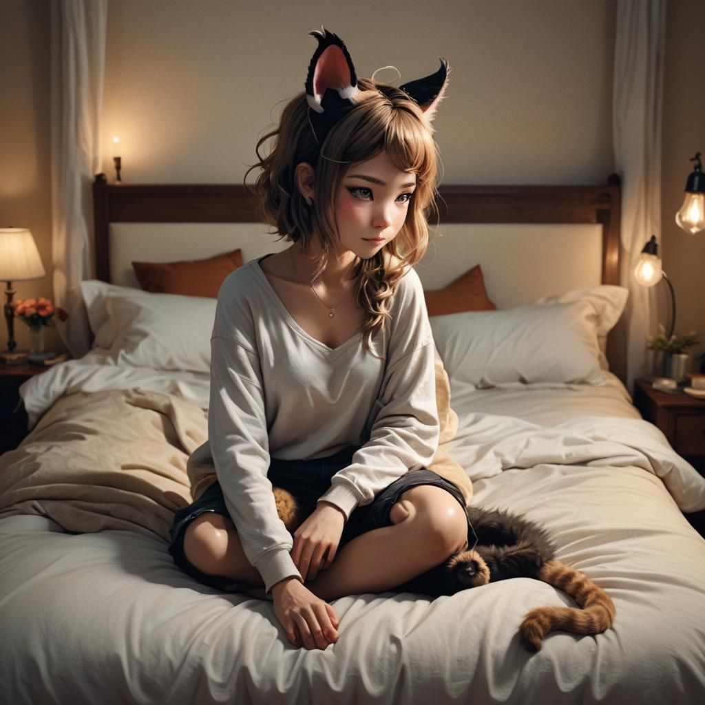 Photorealistic Cat-Woman in Cozy Bedroom Scene