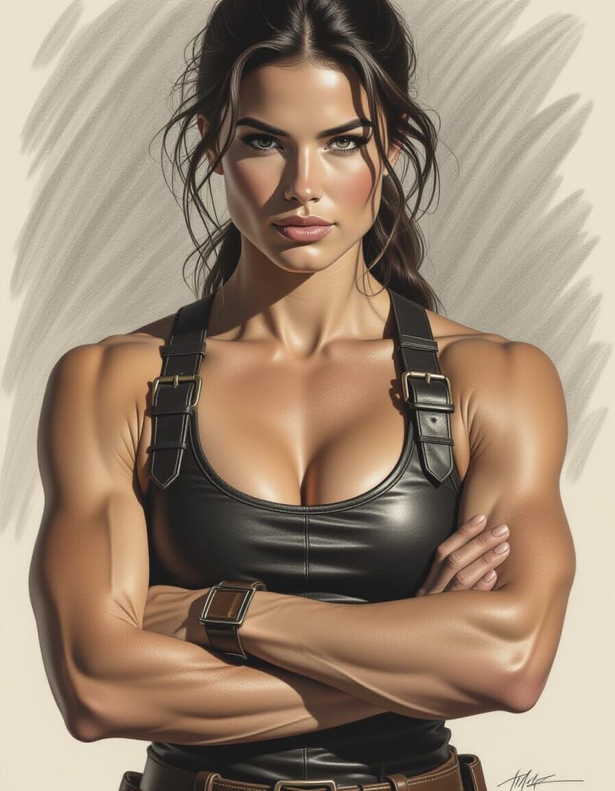 Athletic Woman Portrait in Detailed Charcoal Drawing