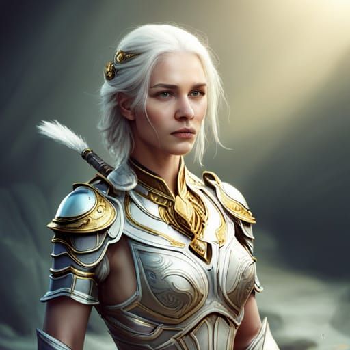 Woman in Silver and Gold Armor: Fantasy Art