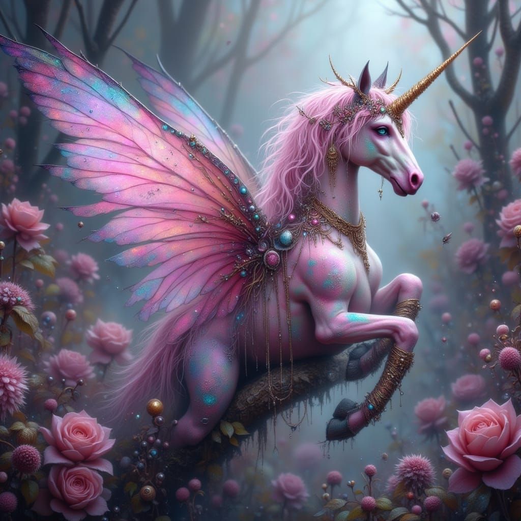 Pink Unicorn with Fairy Wings in Hyperrealistic Style
