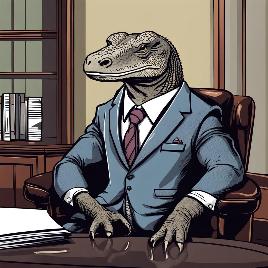 Komodo dragon wearing a suit and tie Sitting on the boss's chair Reflections on management concepts