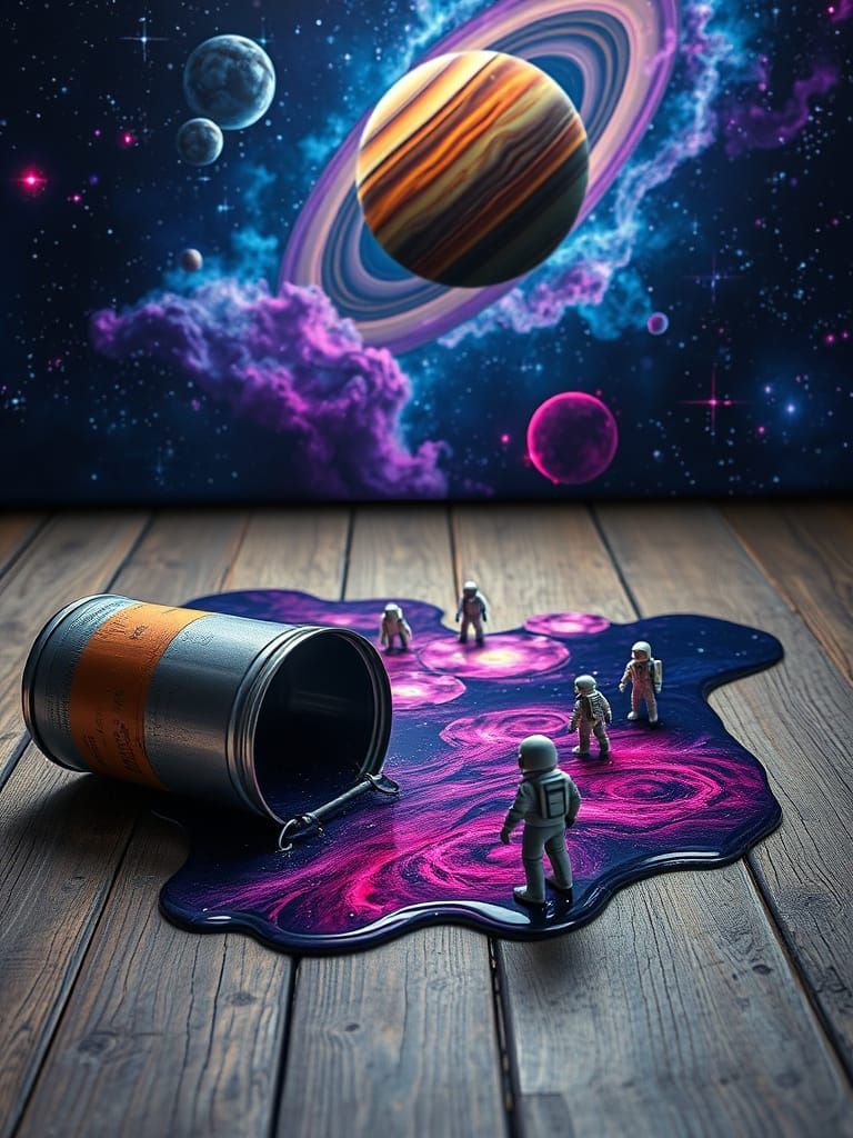 Cosmic Paint Spill on Wooden Floor, Photorealistic 8k