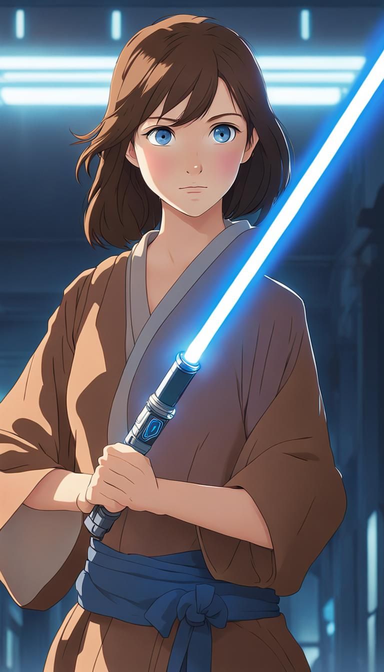 Anime Jedi Girl with Blue Lightsaber