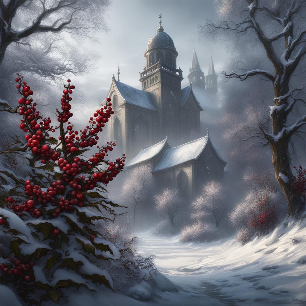Winterberries and a Church in Emil Clause's Style