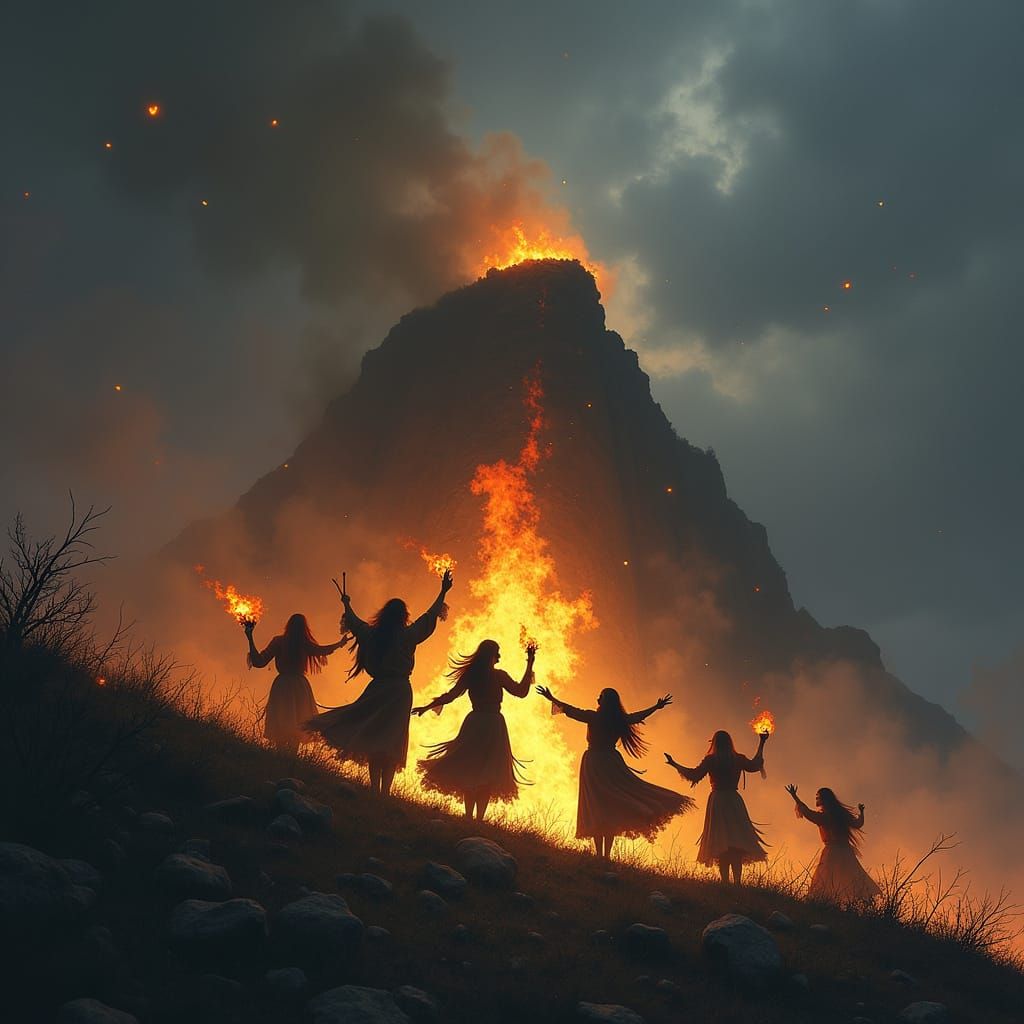 Misty British Beacon Hill Illuminated by Wild Bonfire