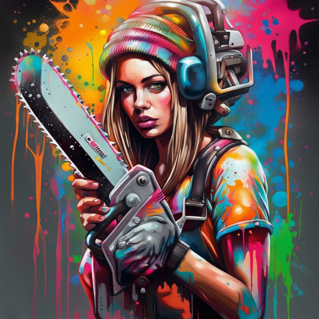 Colorful Chainsaw Woman in Graffiti Street Art