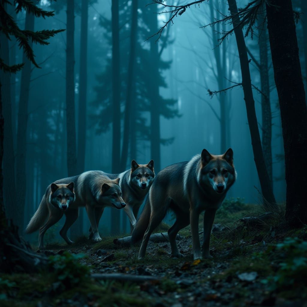 Wild Wolf Pack Pursues Prey in Dense Forest Landscape