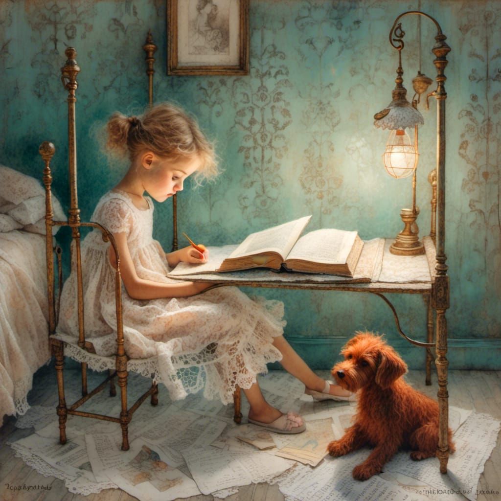 Girl and Puppy in Crib: Classic Children's Illustration