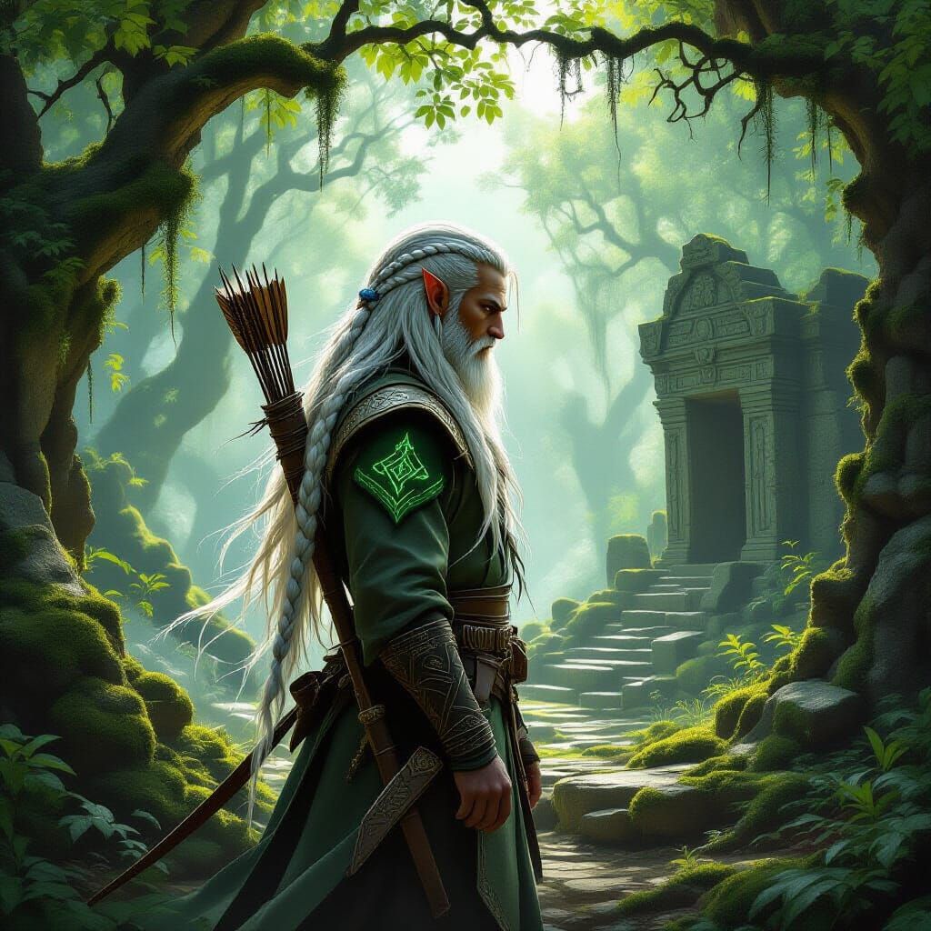 Ancient Elf Hunter in Mystical Forest Clearing