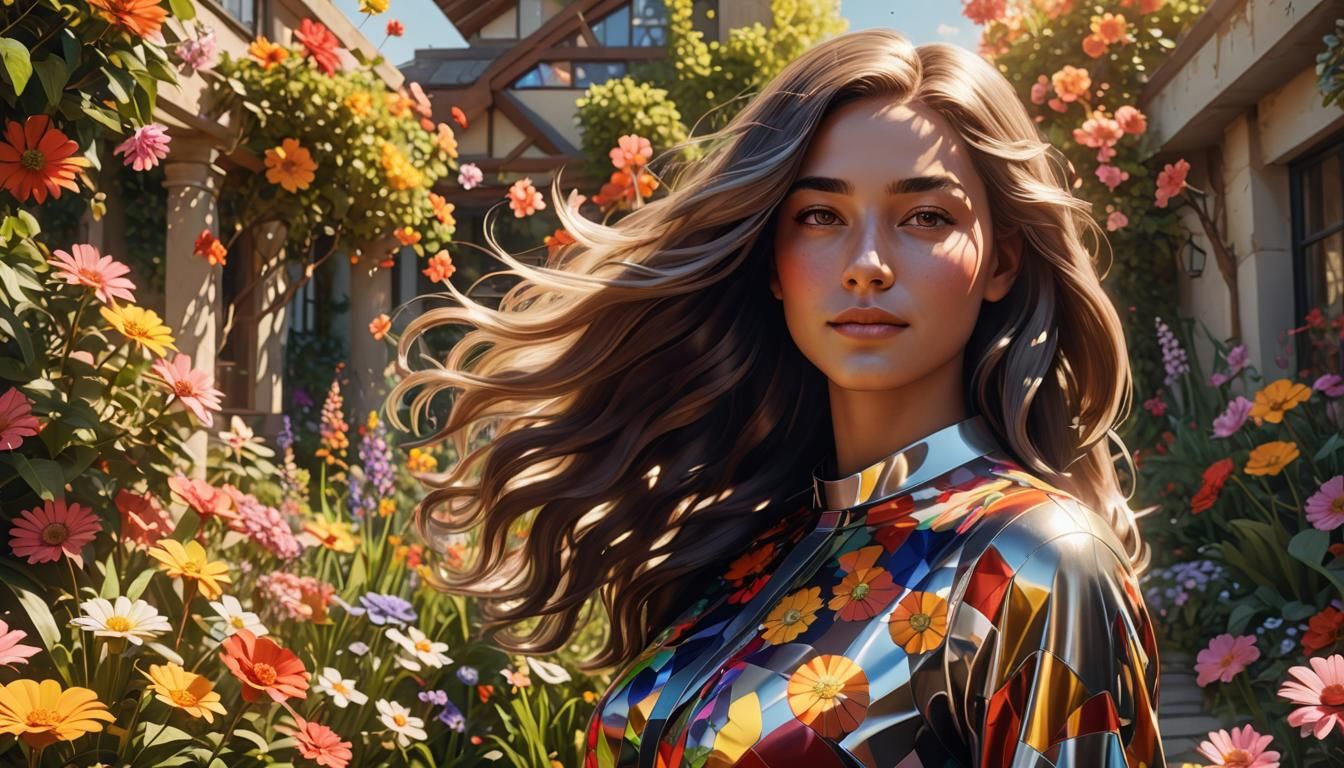 Radiant Woman in Bauhaus Garden, 3D Digital Art