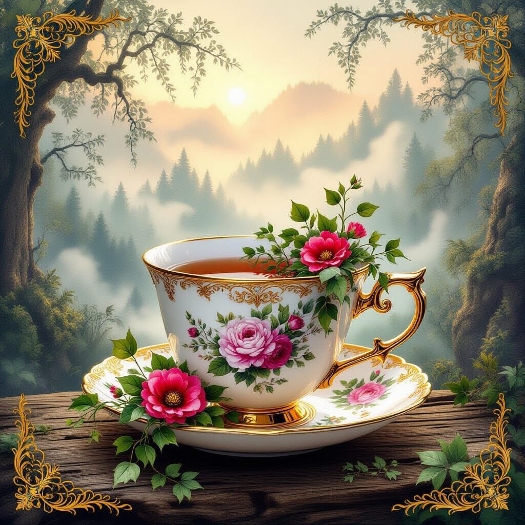 Steampunk Tea Cup in Watercolor Dreamscape