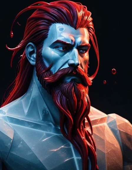 (A stoic  male statue made of ice,with  a red liquid ruby lo...