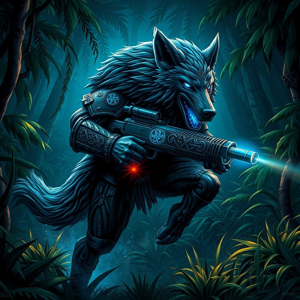 Fenrir: Norse Wolf Deity in Neon Jungle