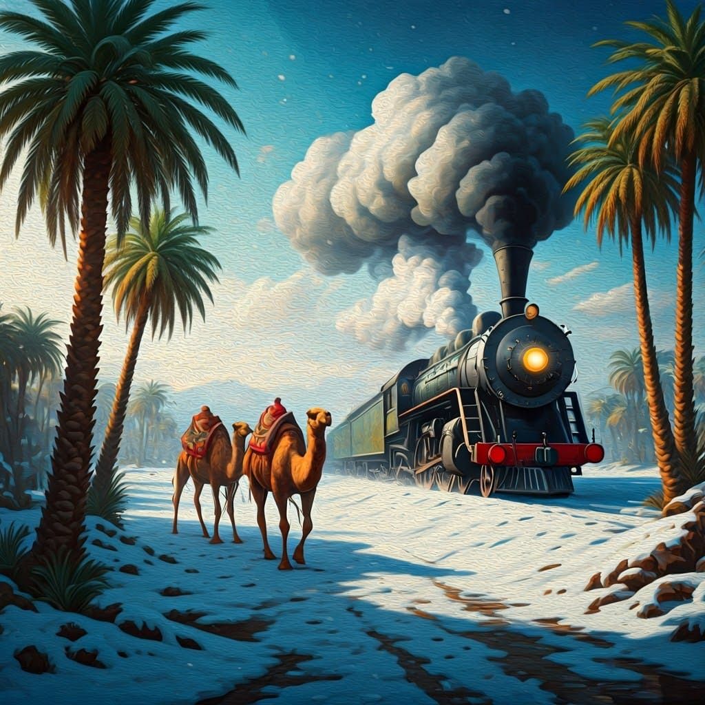 Surreal Oasis Scene with Caravan and Locomotive