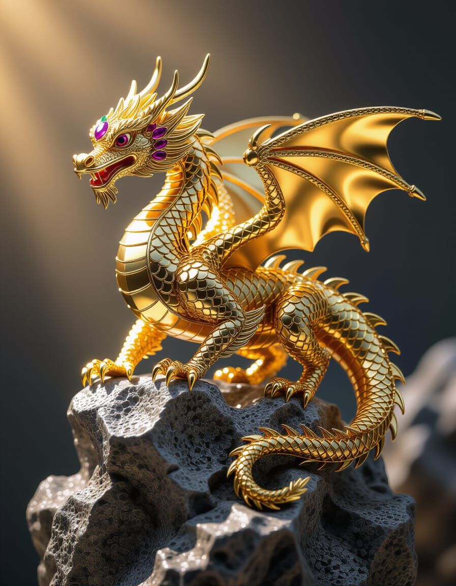 Ornate Gold Dragon Sculpture with Jewel Scales