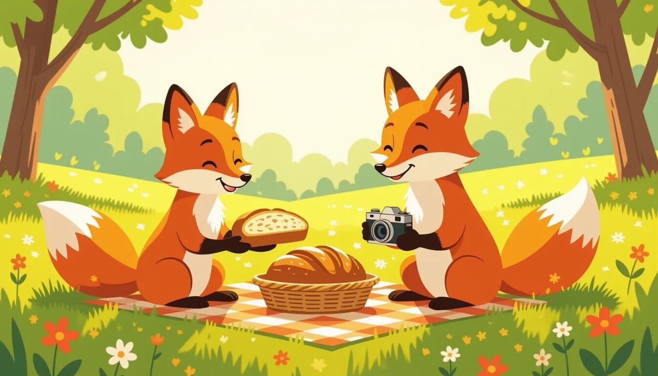 Retro Fox Family Picnic in 1950s Illustration Style