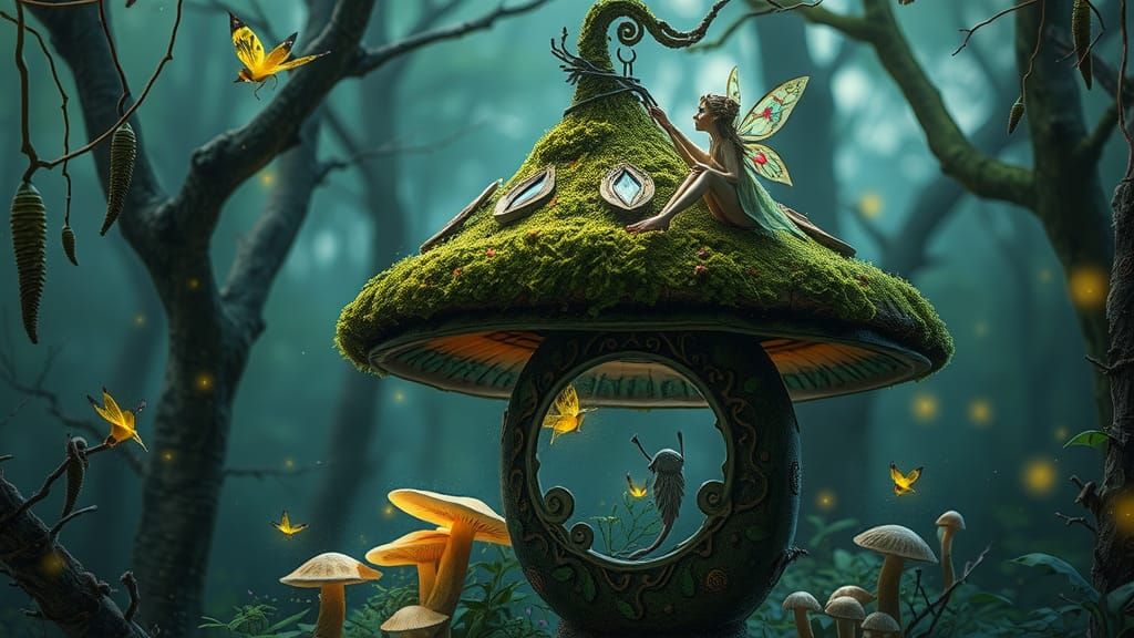 A fairy mushroom house in an enchantment 
 forest.