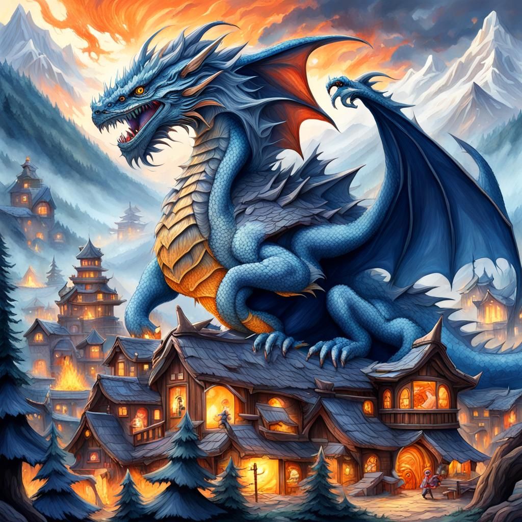 Great blue dragon attacking gnome village, hyper realism, , ...
