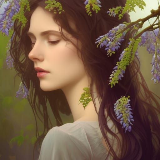 High Gothic Woman Picking Wisteria Flowers