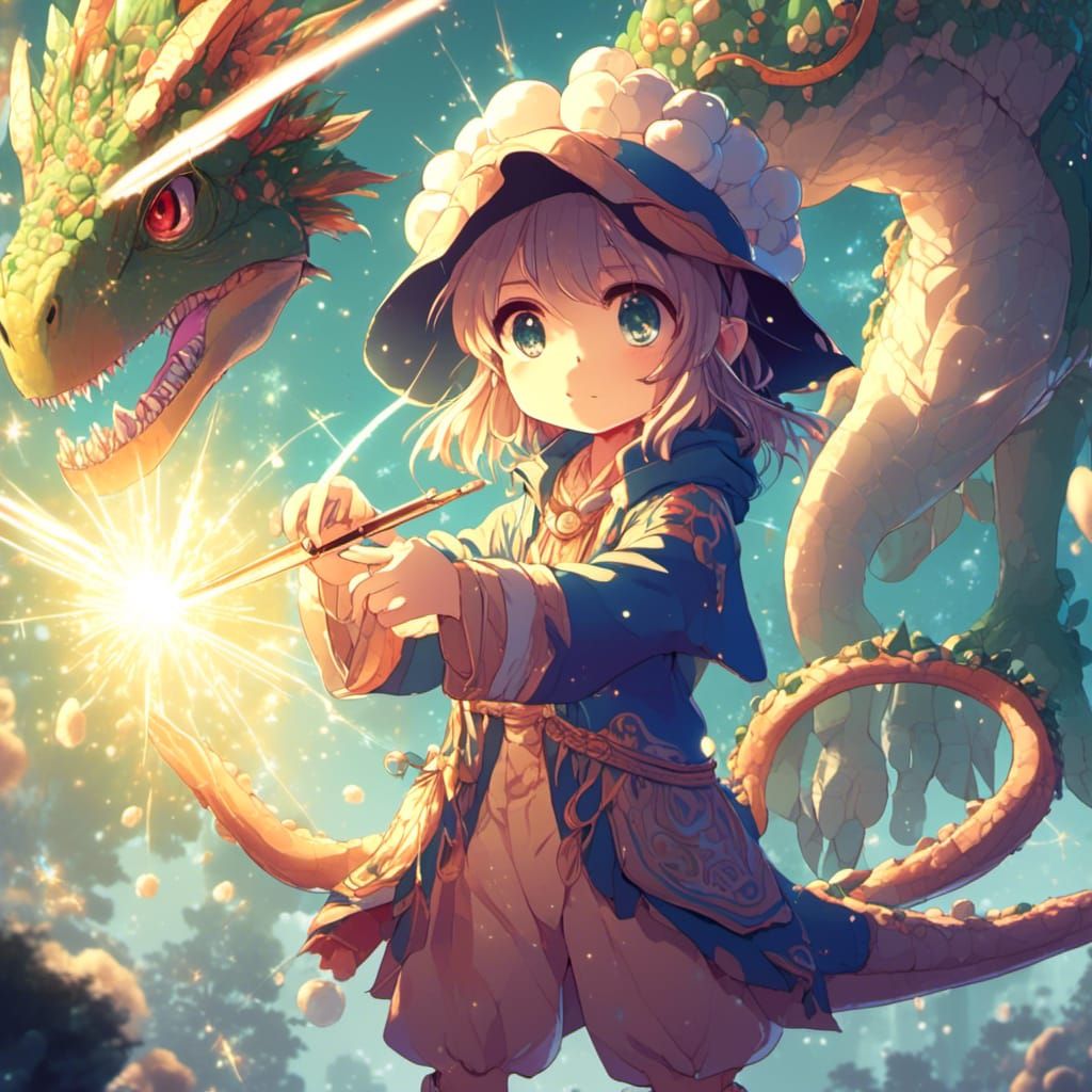 Cute Chibi Dinosaur Sorcerer with Magic Wand