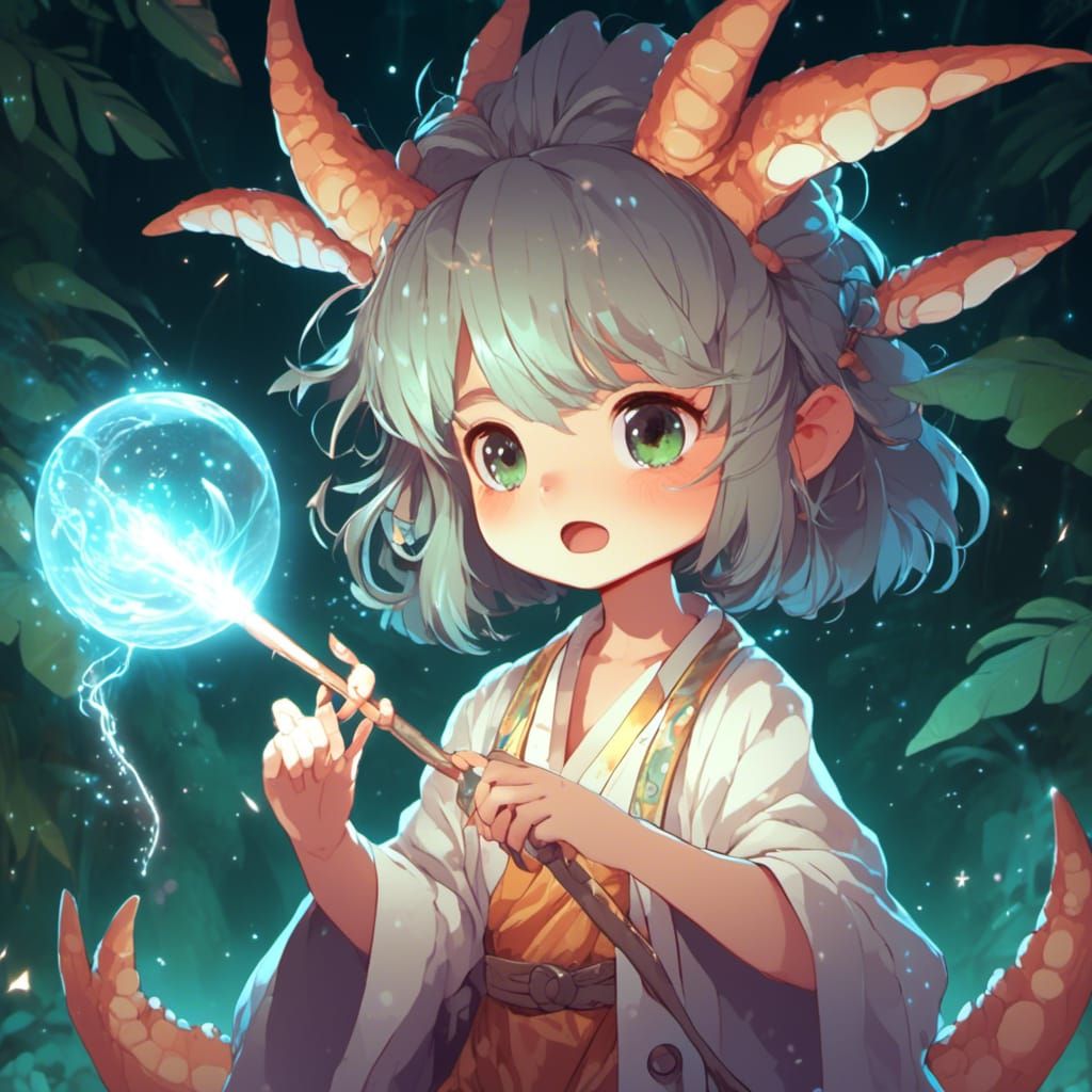 Chibi Dinosaur Sorcerer with Magic Wand, Ghibli Style