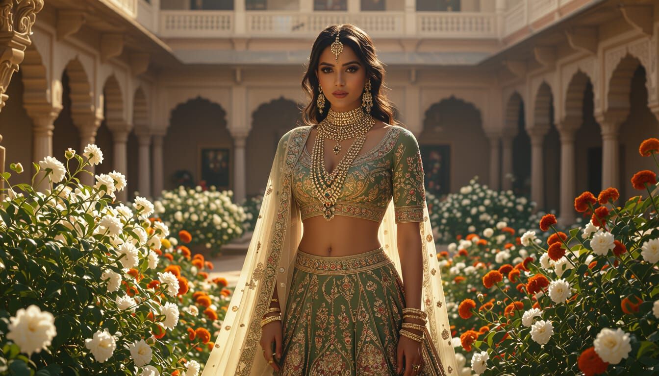 Woman in Royal Lehenga in Palace Courtyard