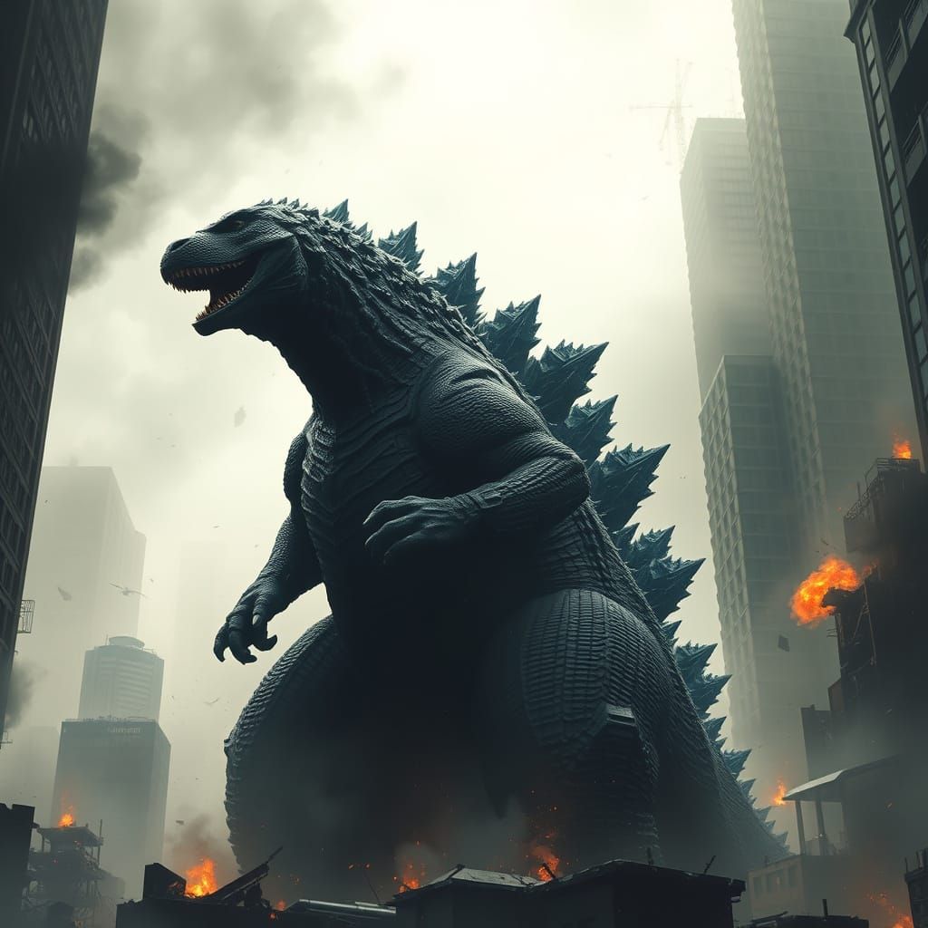 Godzilla Emerges from a Destroyed Cityscape