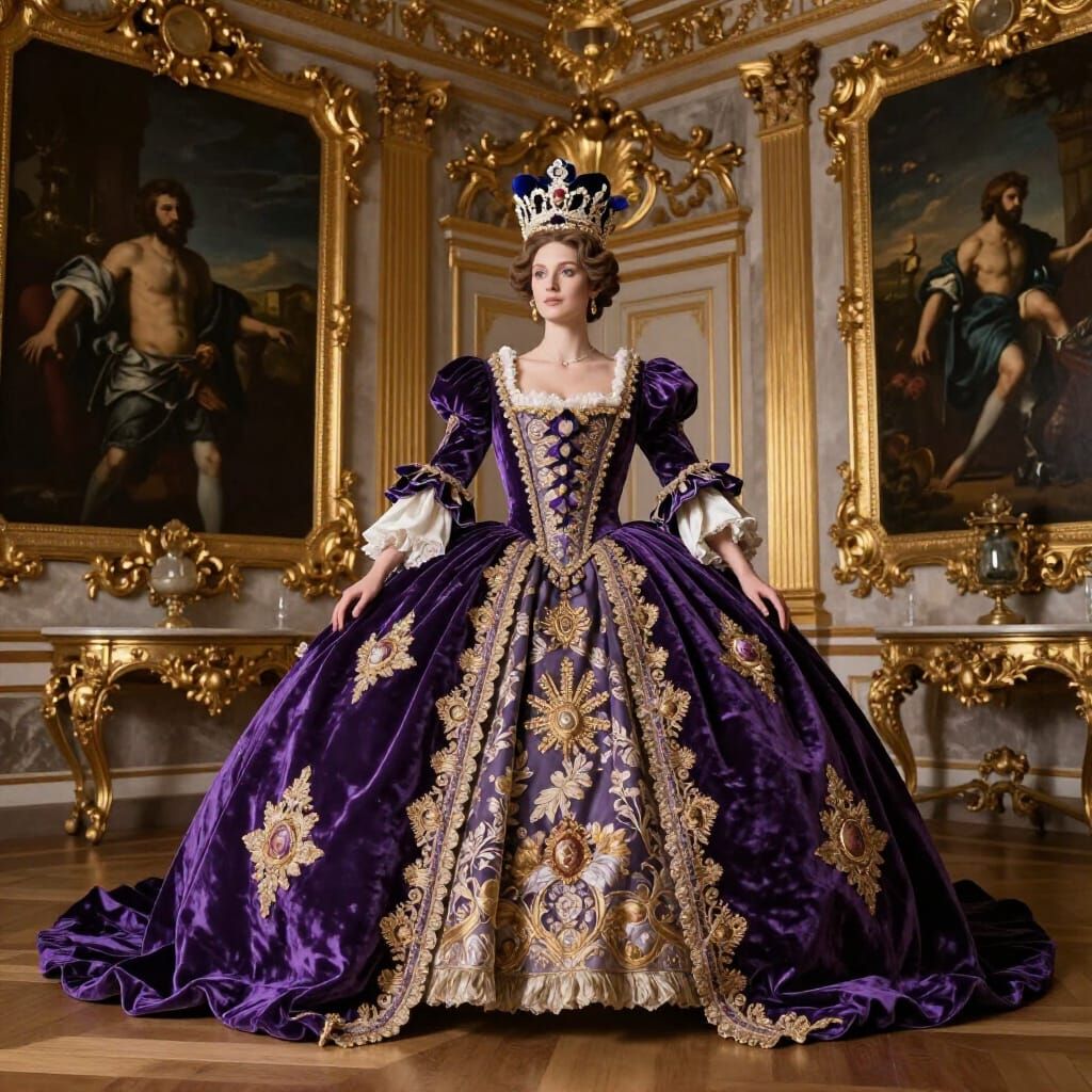 Baroque Opulence: Ornate Purple Costumes in Grand Interior