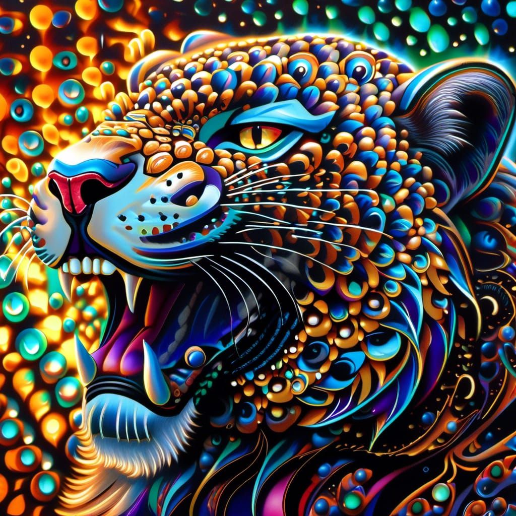 Obsidian Jaguar Portrait in Surrealist Aztec Style