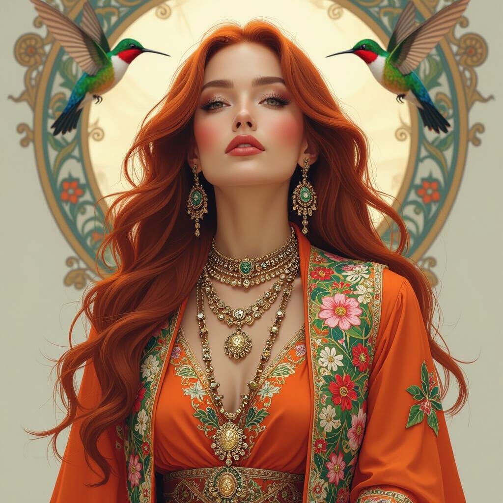 Hummingbird Woman: Hyperrealistic Art Nouveau Portrait