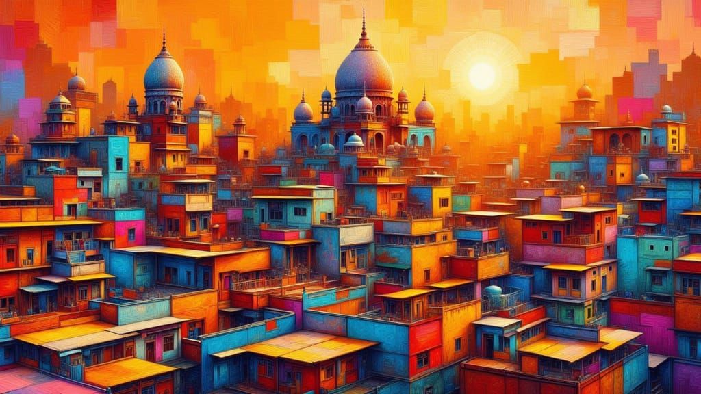 Vibrant Indian Cityscape as Impressionist Painting