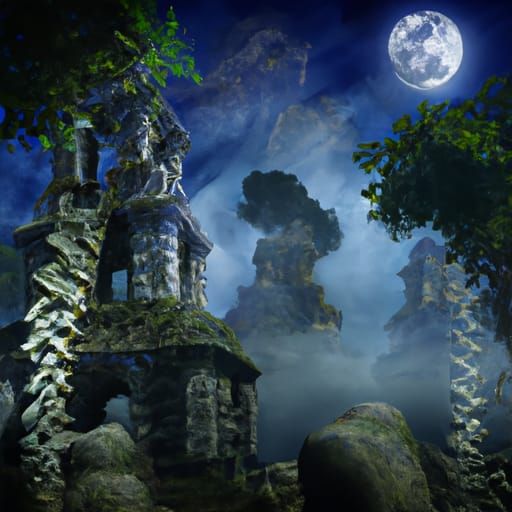 Amazon Jungle Ruins at Night